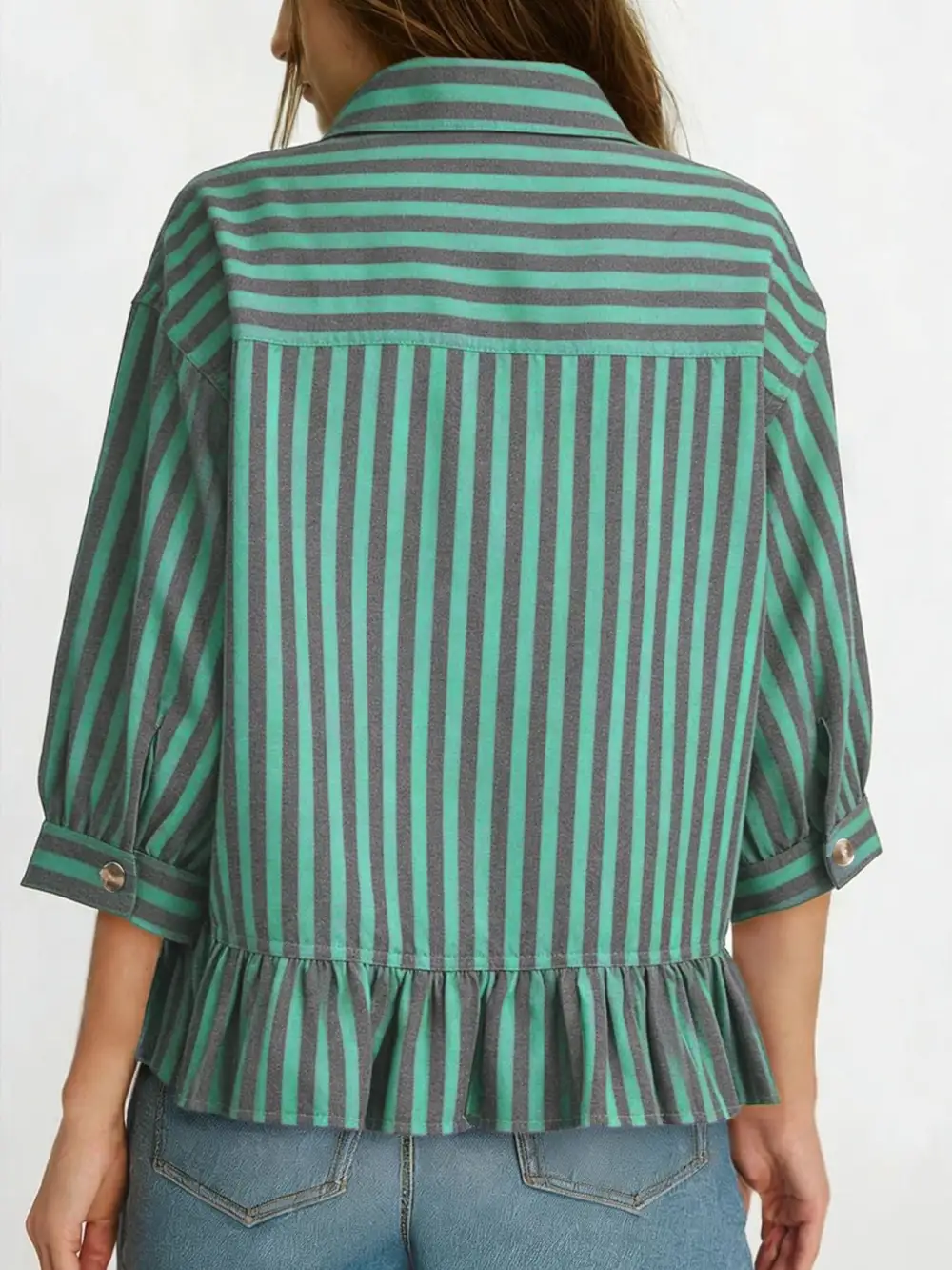 Striped Ruffle Hem Button Down Shirt