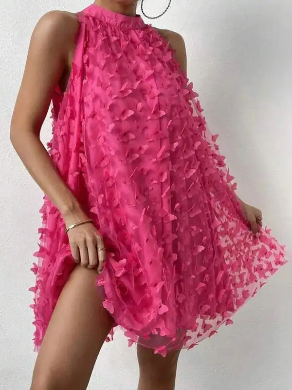 Relaxed Sleeveless Jacquard Pleated Solid Color Split Joint Stand Collar Mini