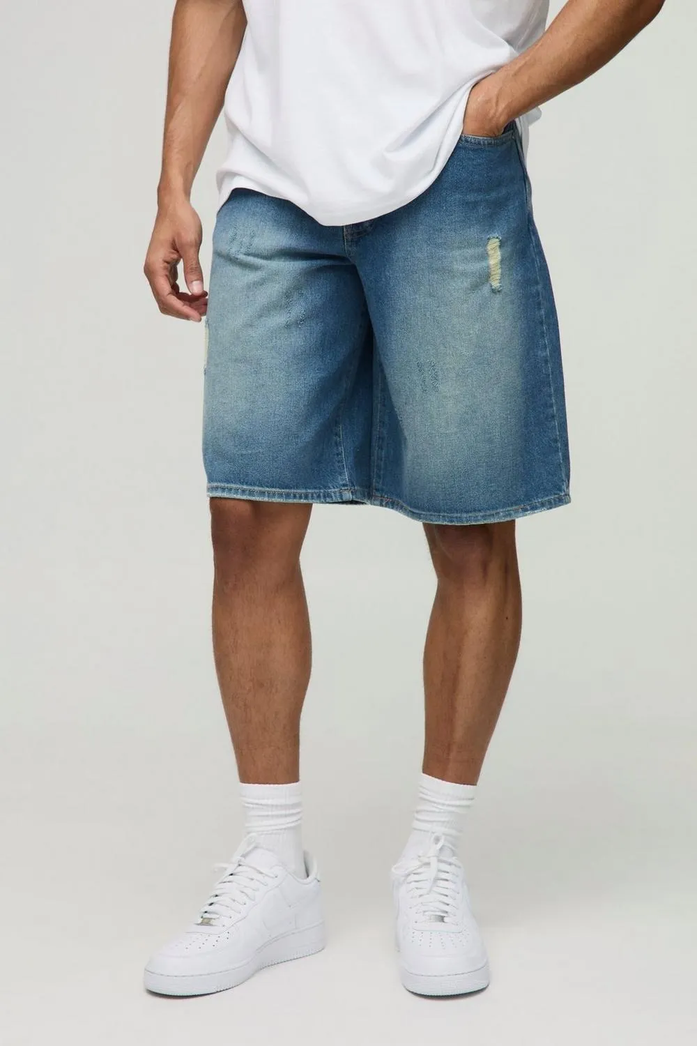 Vintage Blue Washed Minimal Ripped Denim Shorts