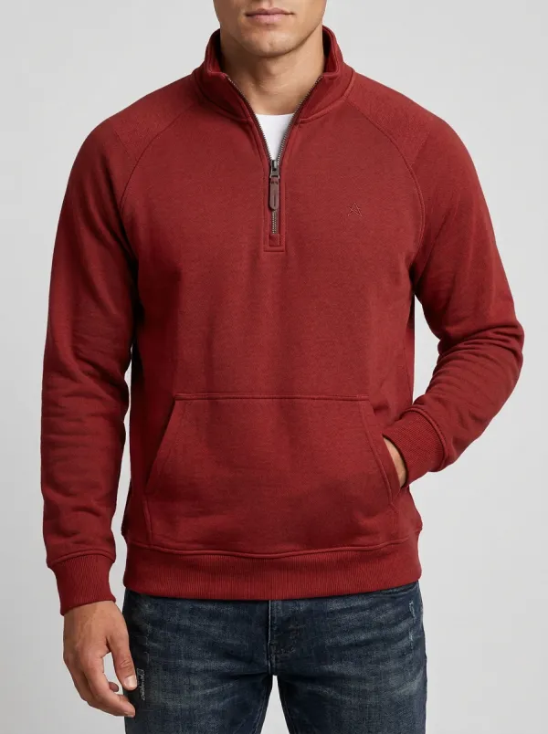 Men's Casual Minimalist Textured Raglan Embroidered Emblem Quarter-Zip Sweatshirt