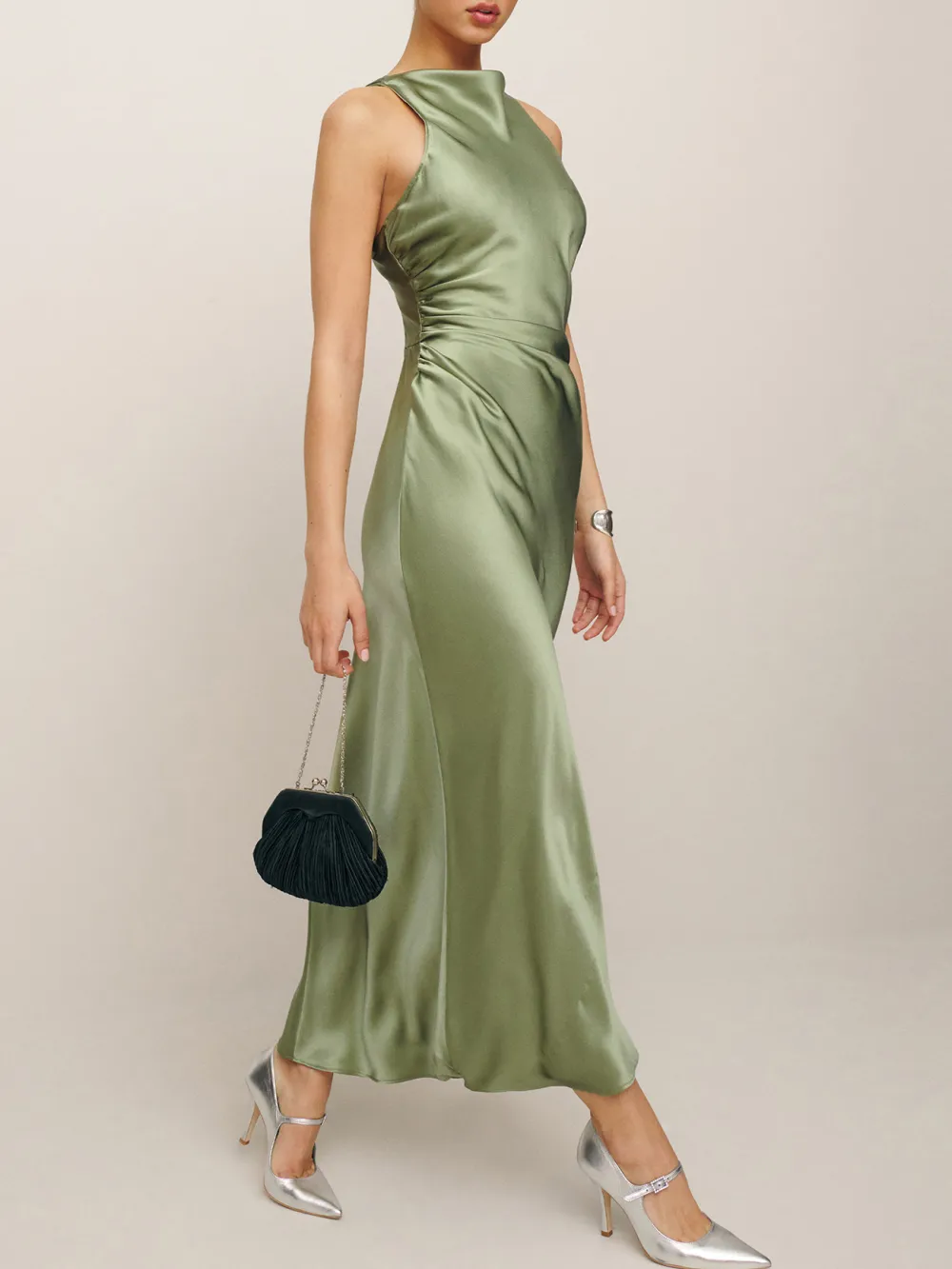 Sleeveless Satin Cowl Neck Midi Dress