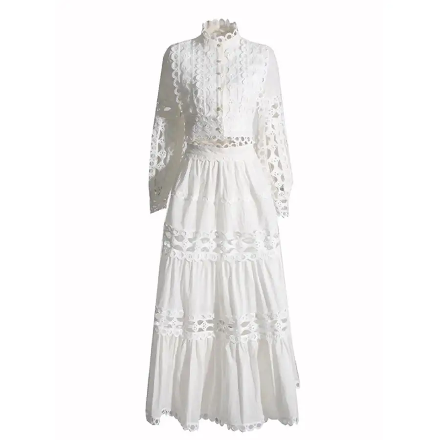 Lace Button Up Long Sleeve Top and Skirt Set