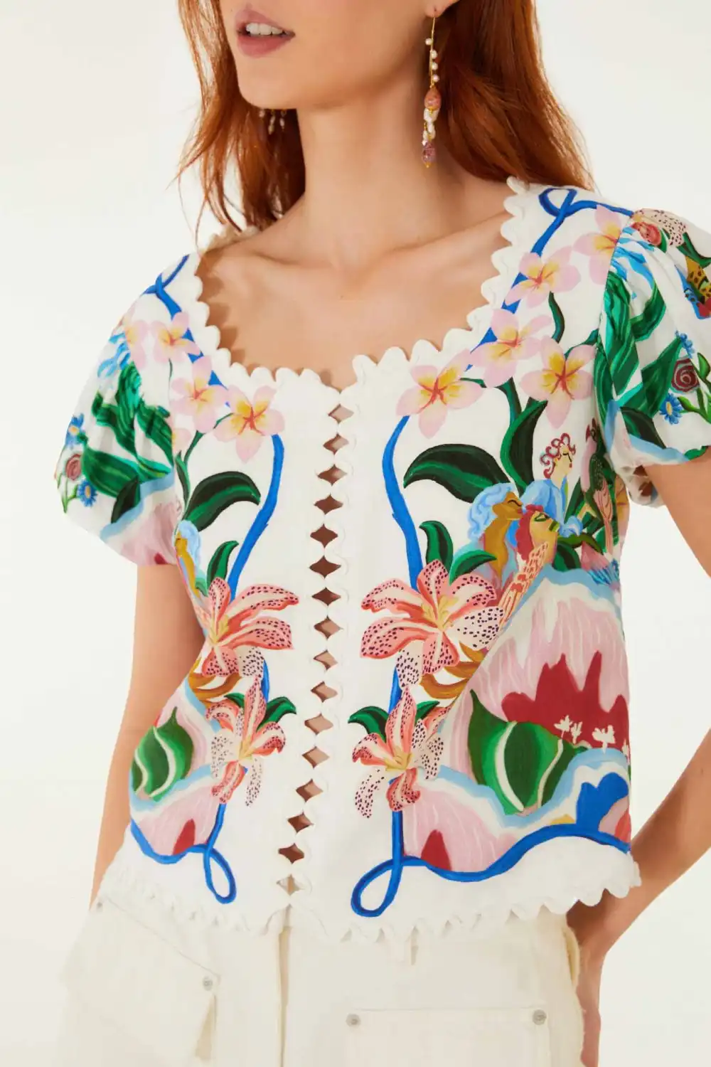 Embroidered Scarf-Detail Short-Sleeve Blouse