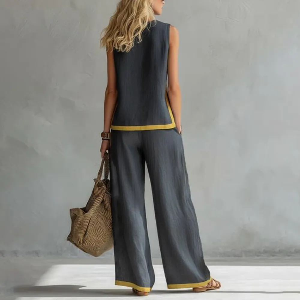 Linen Blend 2-Piece Set for Women Sleeveless Color Block Top Wide Leg Pants Set