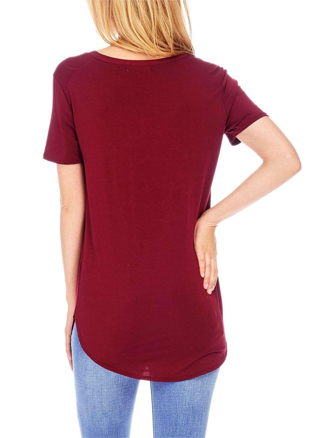 Burgundy Round - Hem V - Neck T - Shirt