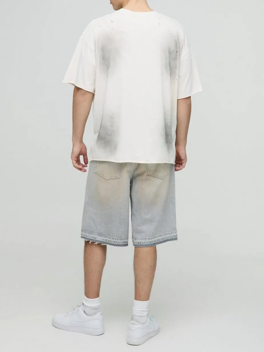 Ice Grey Medium Stretch Washed Ripped Denim Jorts Daily