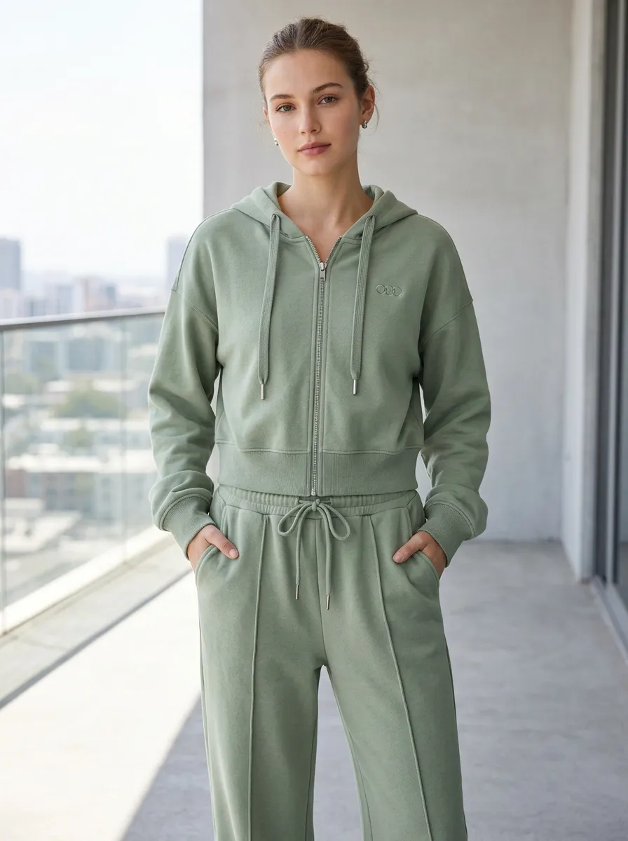 Women's Sage Green Minimalist Logo Embroidered Zip-Up Hoodie Sweatpants Set