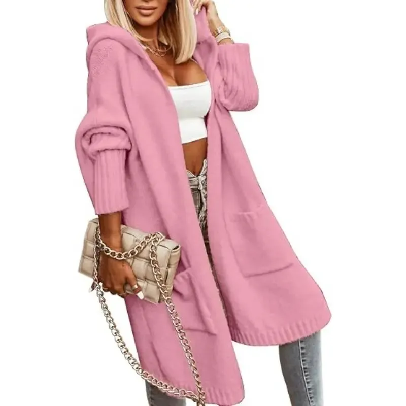 Women's Long Cardigans Cable Knitted Open Front Oversized Hooded Outerwear Sweater Coat