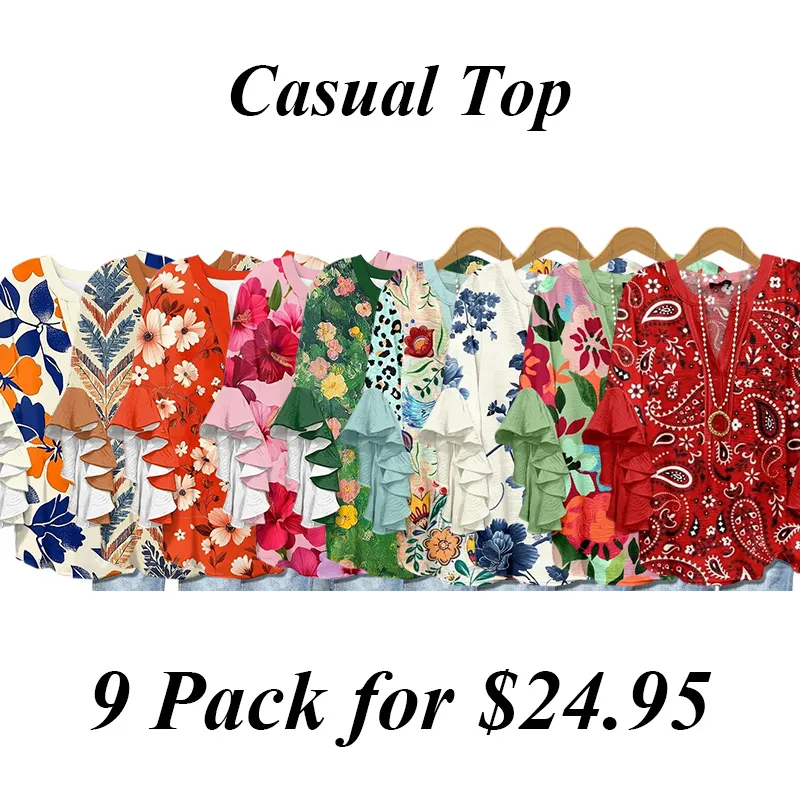 Vintage Floral Print Puff Sleeve Blouse-9PACK,15PACK