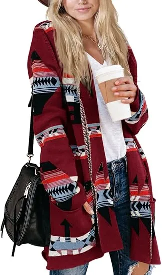 🧶 Women Boho Cardigan Aztec Open Front Long Sleeve Shawl Collar Sweater Coat✨ Effortlessly Boho. Warmth Meets Free Spirit.