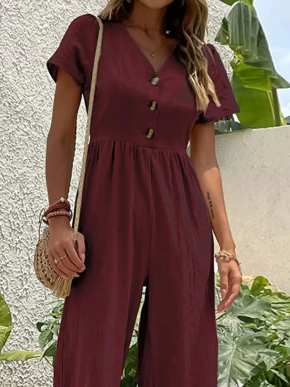V Neck Short Sleeve Wide Leg Shorts