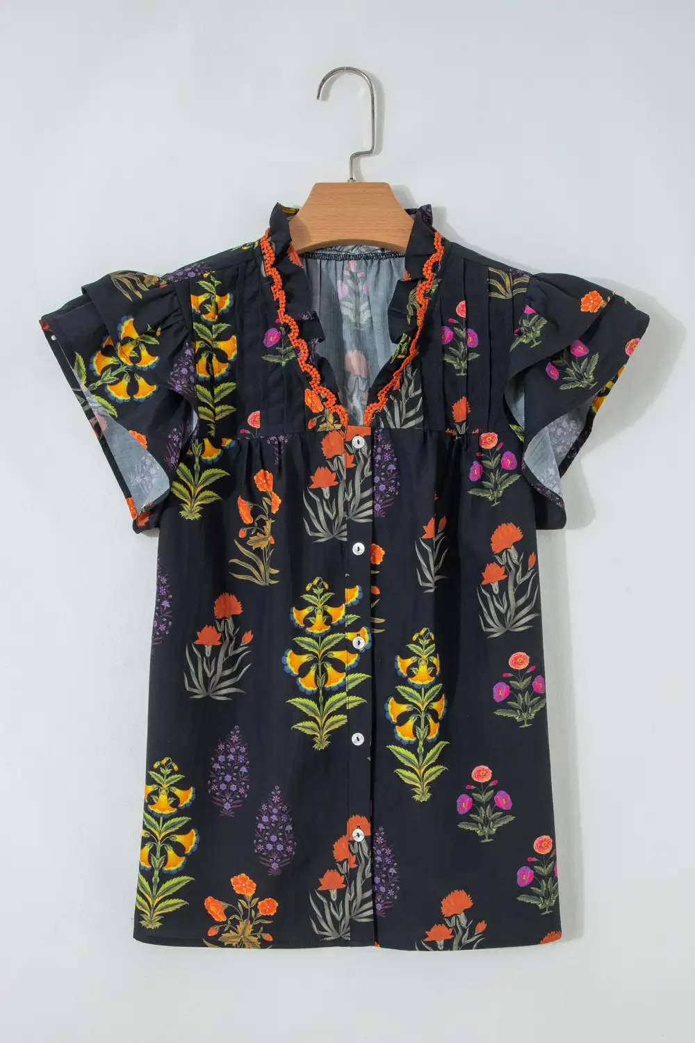 Black Floral Print Lace Trim Frilled V Neck Short Sleeve Shirt