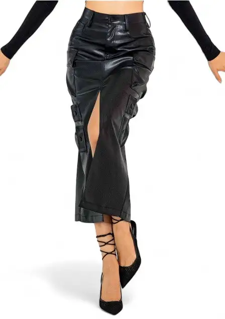 Vegan-Leather Cargo Skirt