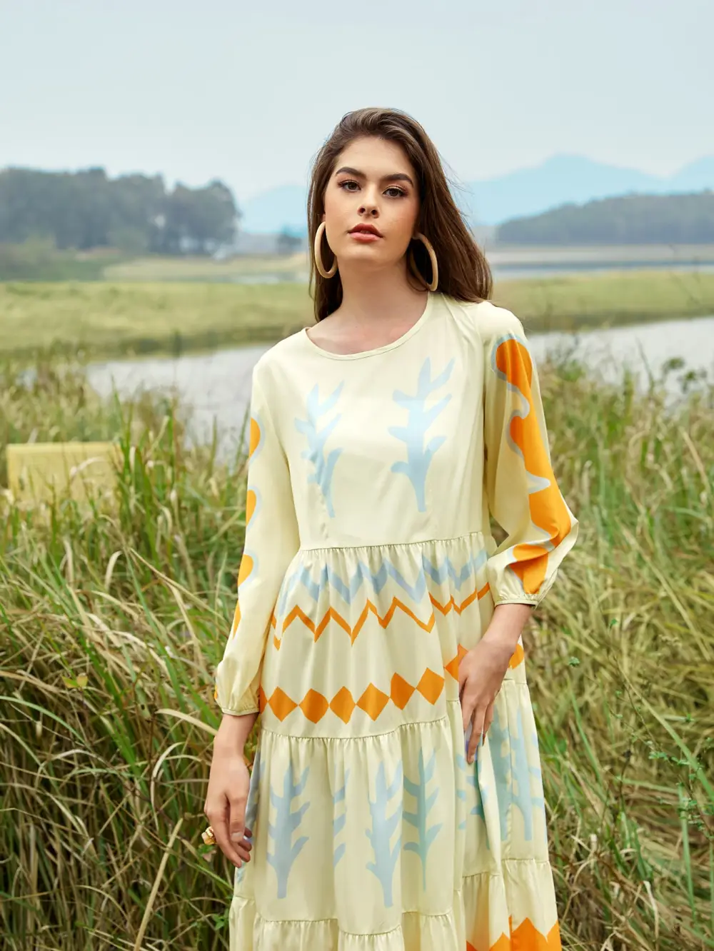 Geo Print Ruffle Hem Bishop Sleeve Dress