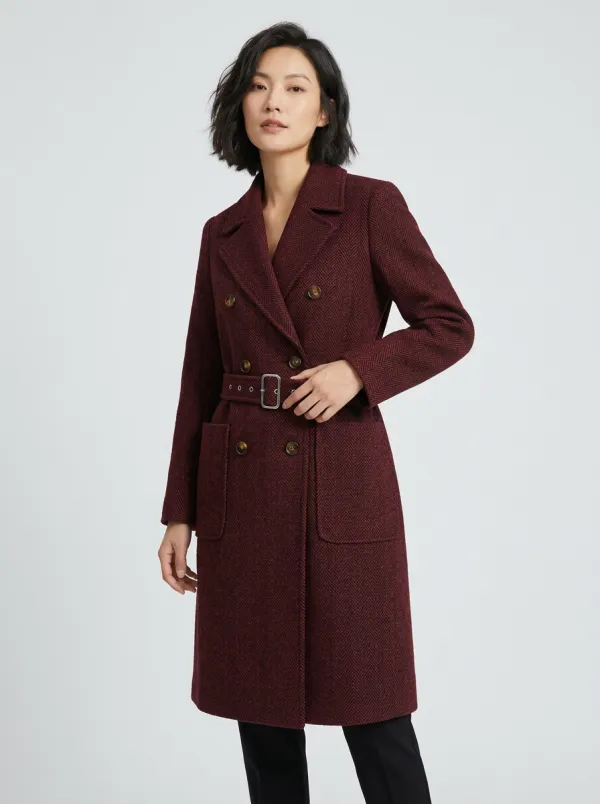 Women's Willow Classic Herringbone Pattern Double-Breasted Belted Coat