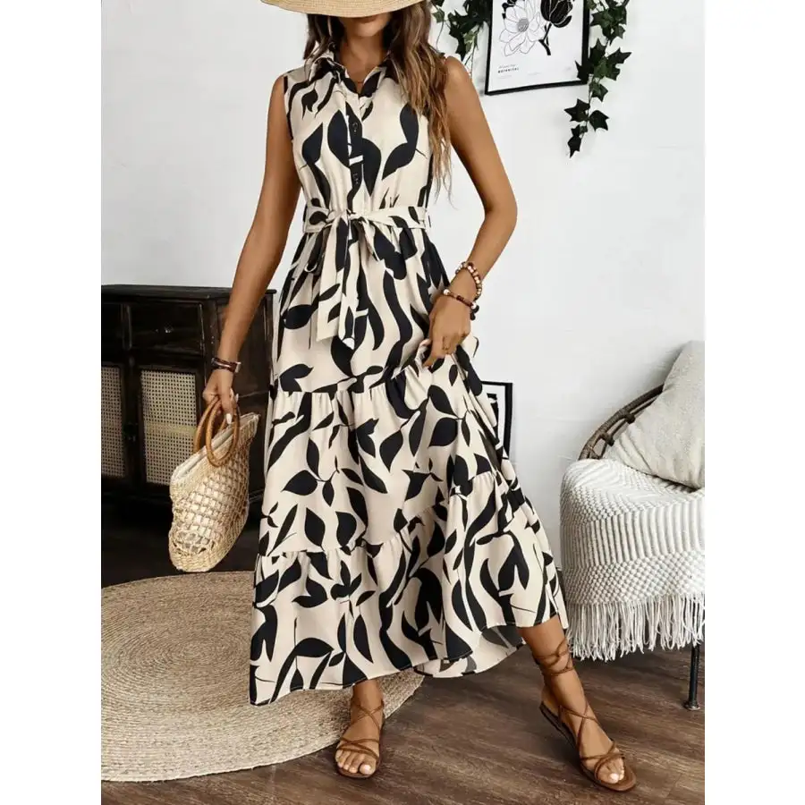 Printed Tie Waist Sleeveless Maxi Dress