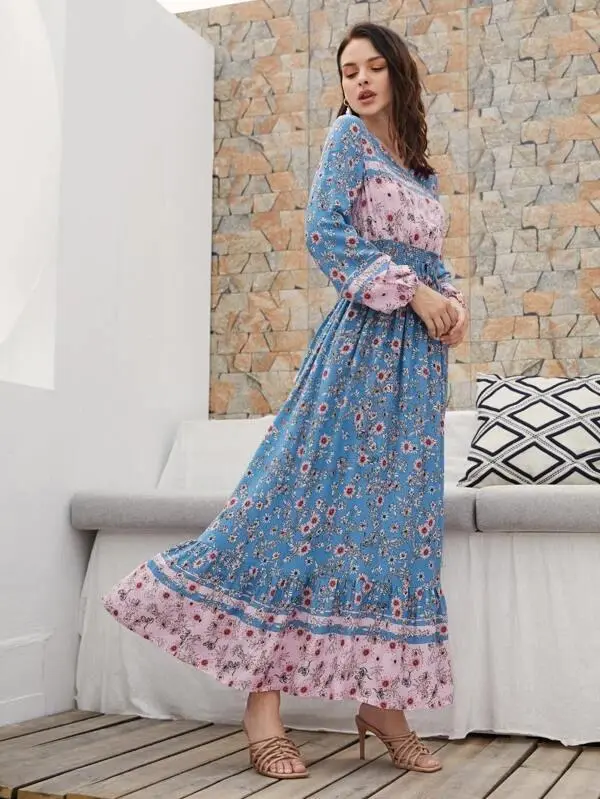 Women Shirred Knot Waist Floral Dress