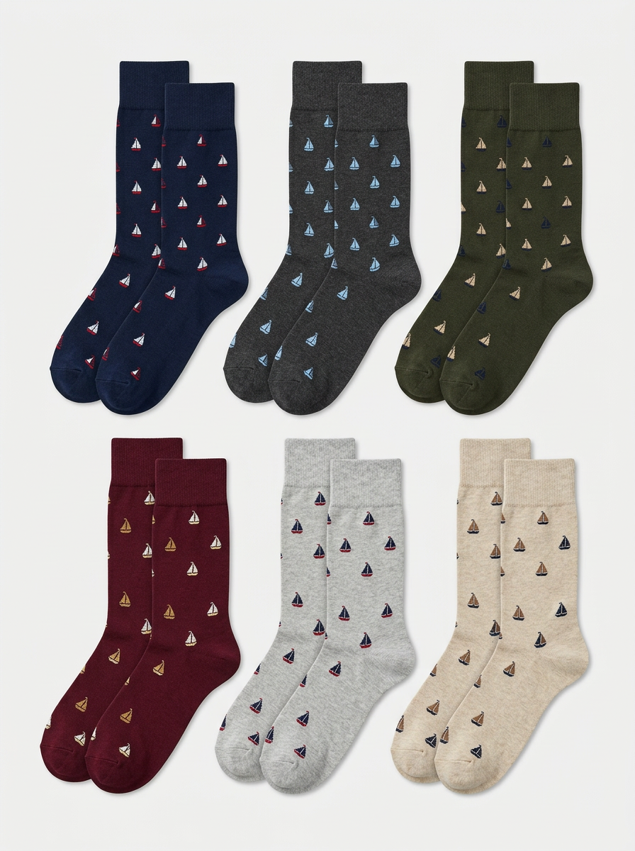 Men's Six-Pair Sailboat Graphic Crew Sock Set