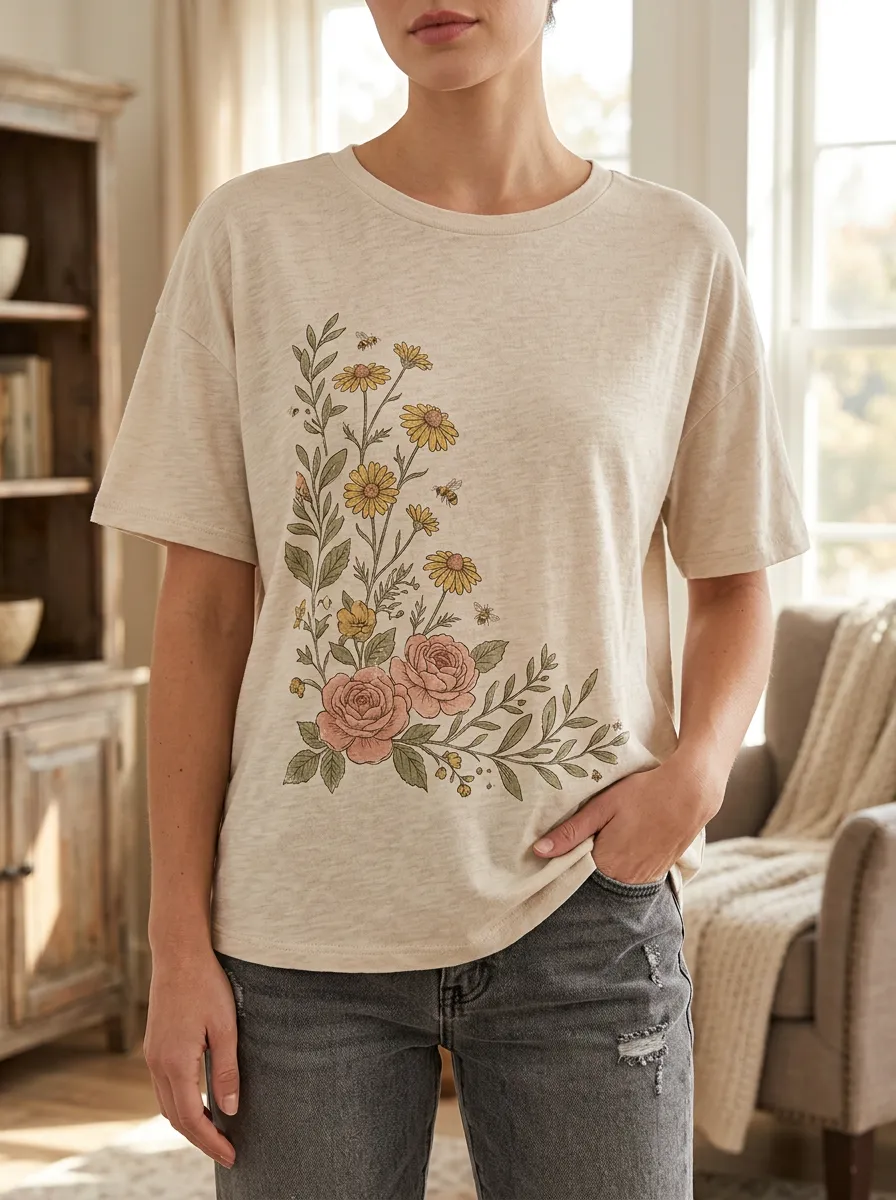 Women's Floral Nature Lover Daisy Rose Bee Printed T-shirt
