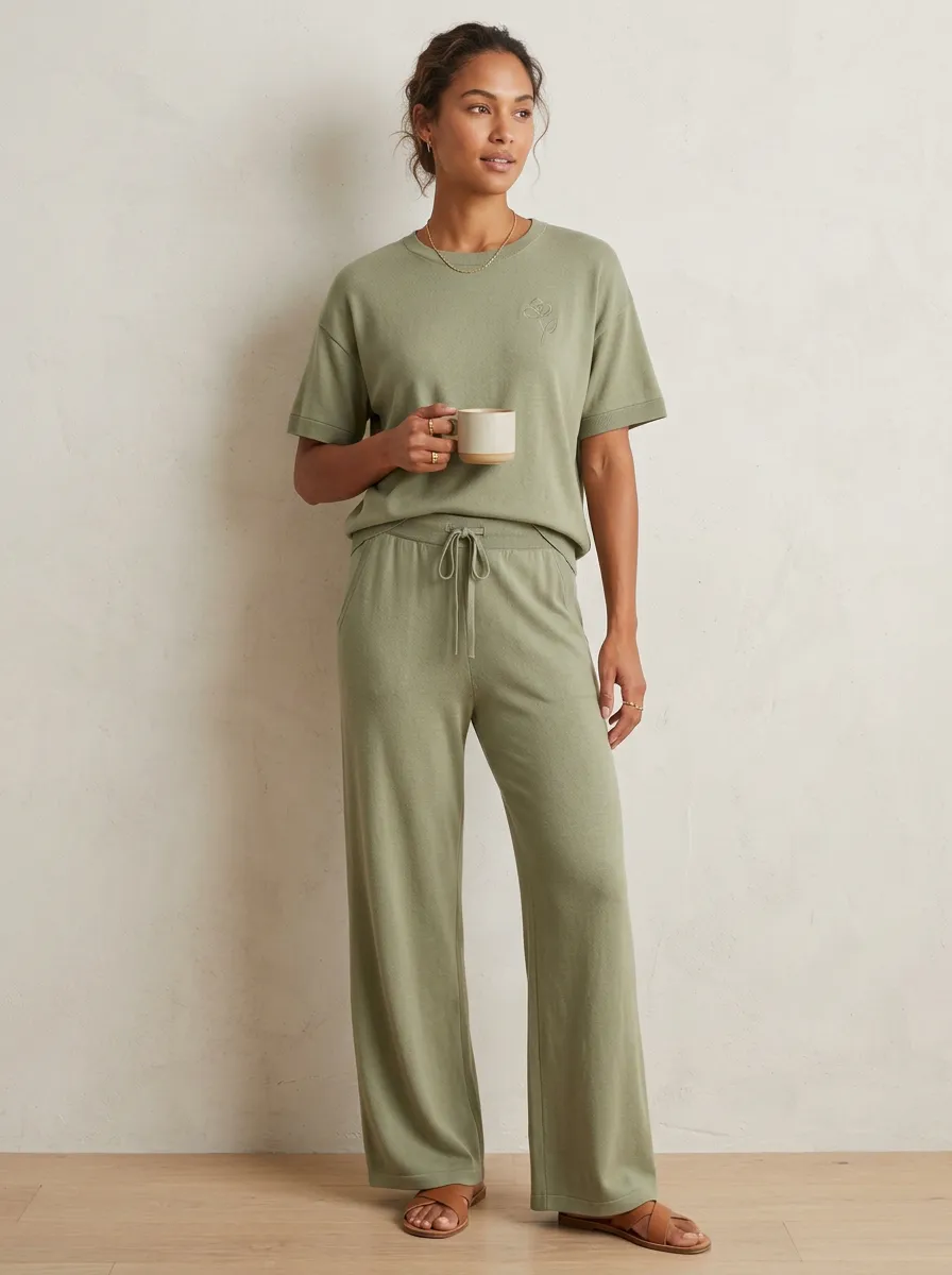 Active Floral Minimalist Collection Women's T-Shirt and Wide Leg Lounge Set