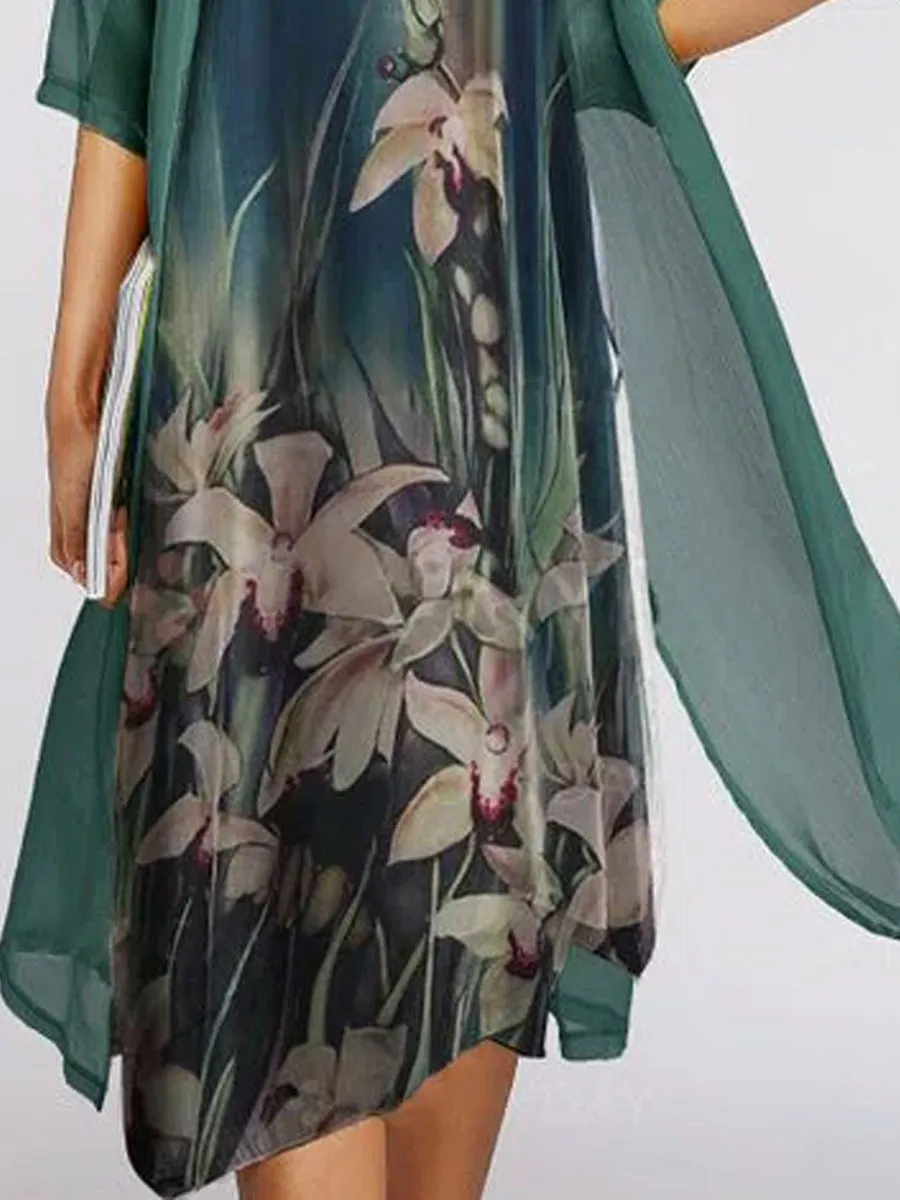 Round Neck Loose Casual Floral Print Suit Midi Dress