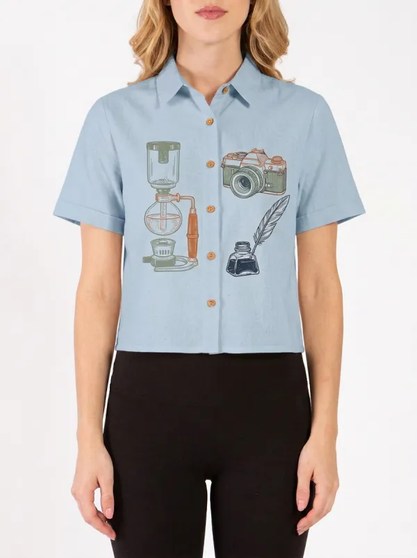 Women's Hobby Lover Coffee Camera Quill Printed Button-up Shirt