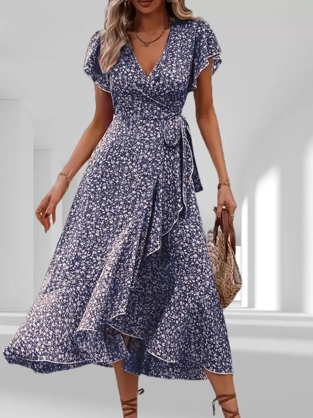 Print Ruffle Hem Wrap Midi Dress