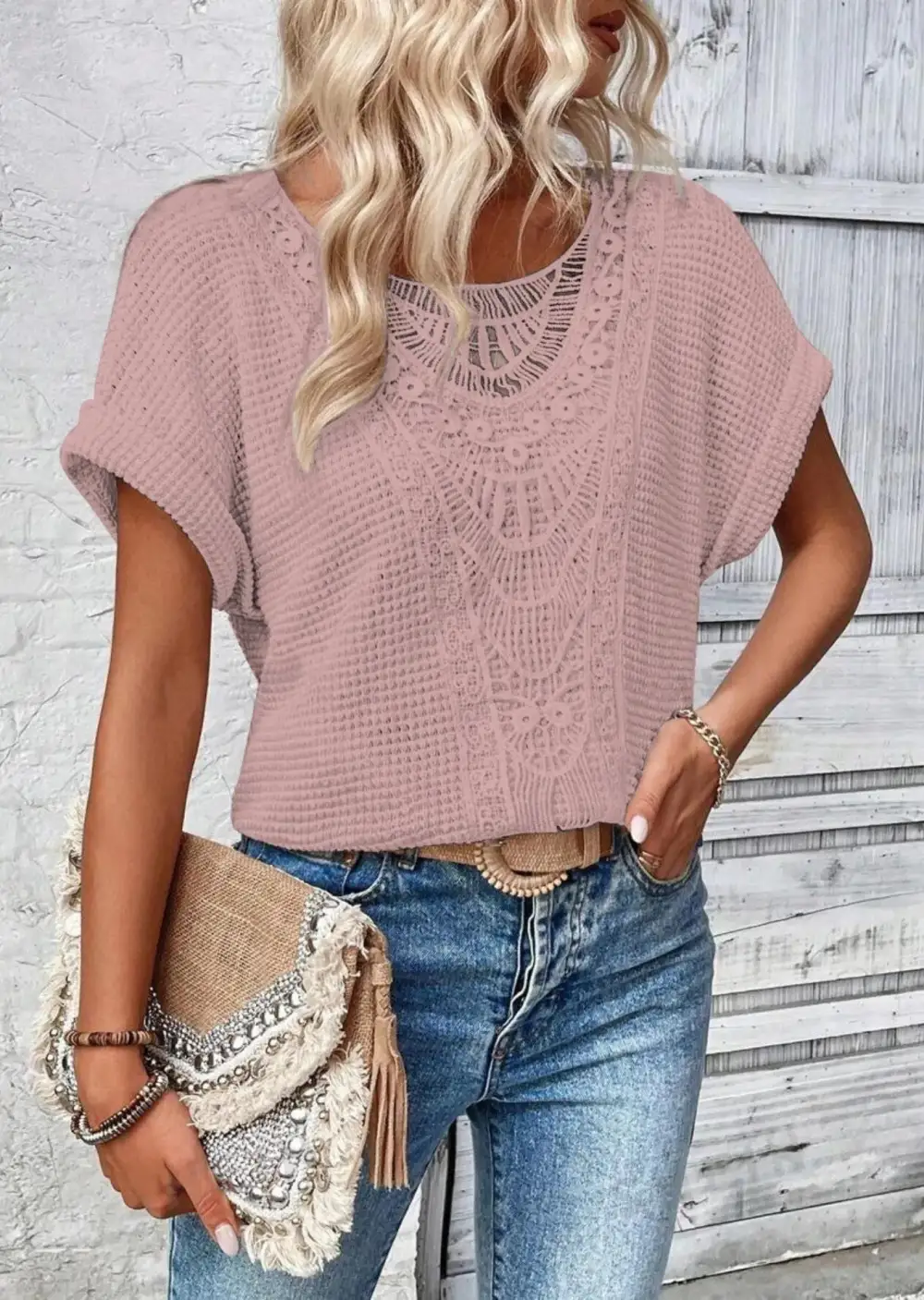 Refined Short-Sleeve Lace-Detail Knit T-Shirt