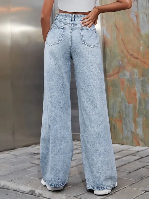 Everyday Wide Leg Distressed Pocketed Denim Jeans