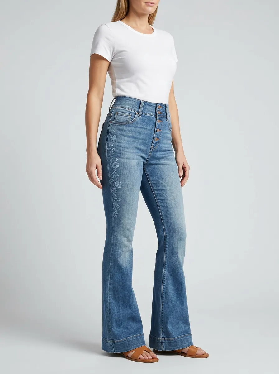Women's Prairie Inspired Floral Embroidery Floral High-Rise Flare Jeans