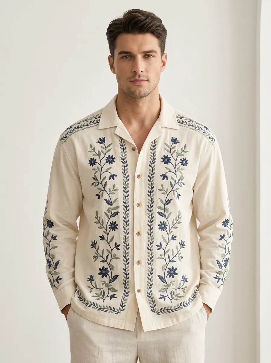Men's Refined Floral Embroidered Linen Long Sleeve Shirt