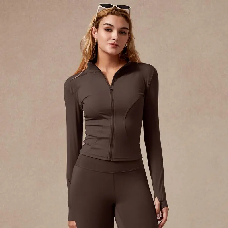 Women's Long Sleeve Full Zip Sports Jacket Slim Fit Quick Dry Breathable Stretch Fabric with Thumb Holes for Gym Running and Yoga Color 13 - Activewear casual fashion clothing