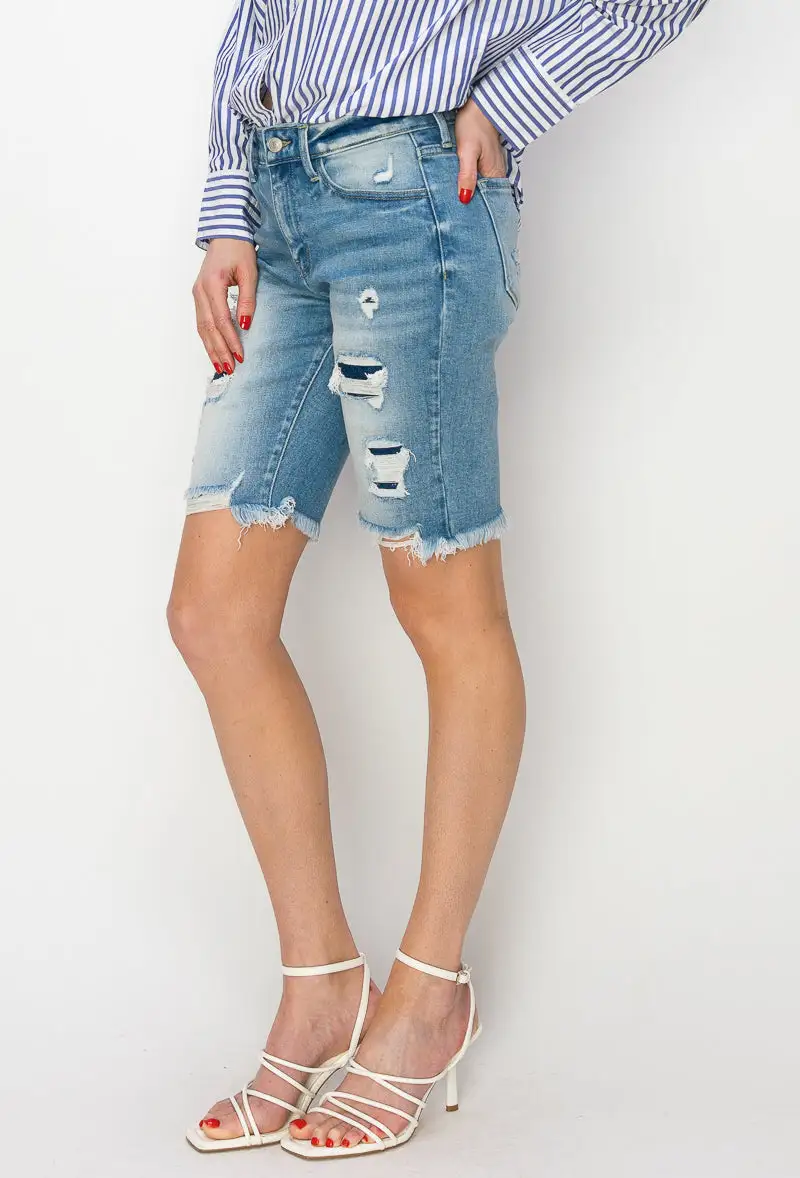 Mid Rise Distressed Frayed Hem Denim Shorts