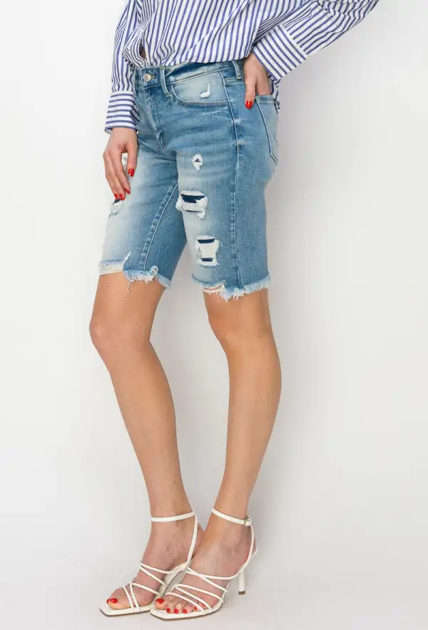 Mid Rise Distressed Frayed Hem Denim Shorts