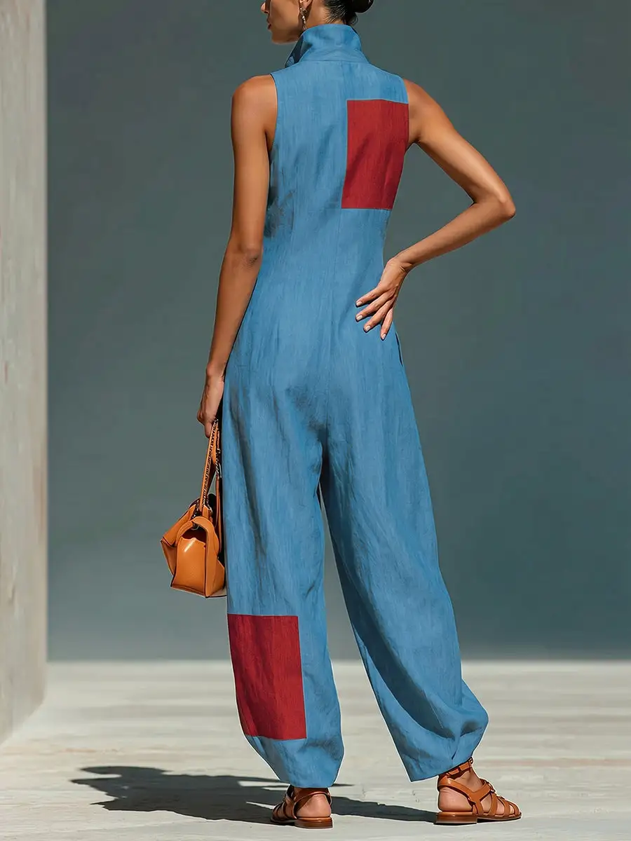 Losse Jumpsuits Met Wijde Pijpen Contrasterende Kleuren Zakken