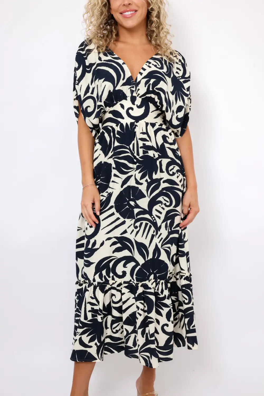 Tie Waist Tiered V Neck Midi Dress