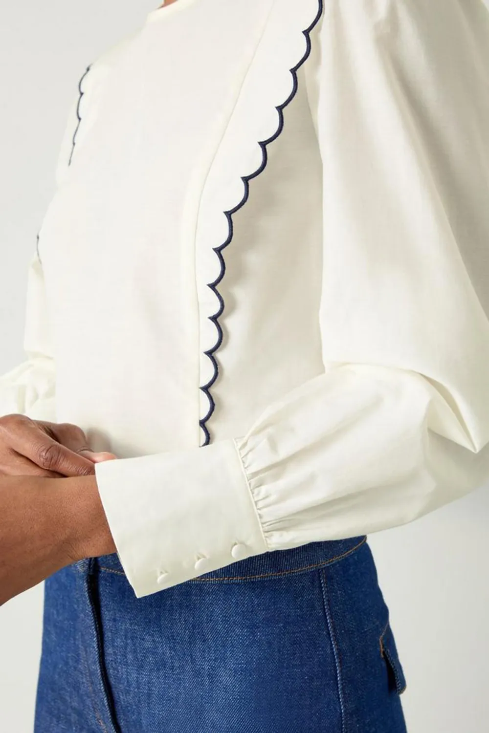 White Scallop Detail Long Sleeve Blouse