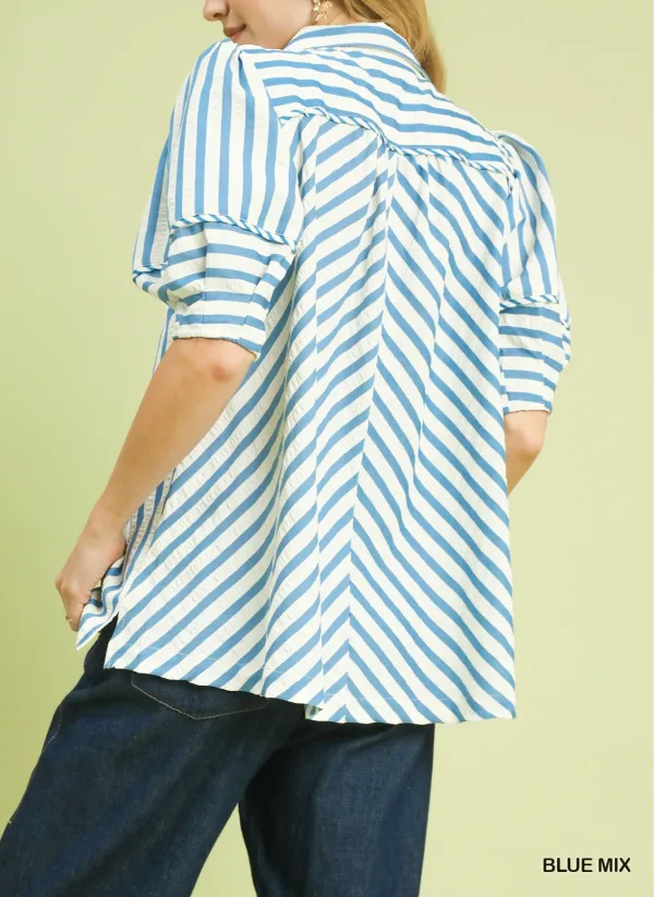 Vertical Stripe Puff Sleeve Wide Collar V-Neck Piping Detail Blouse