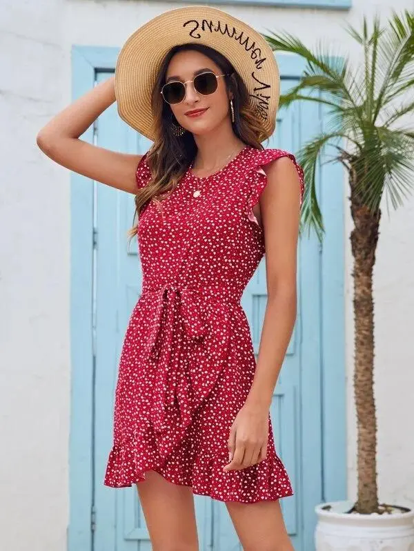 Women Ruffle Trim Allover Heart Belted Dress