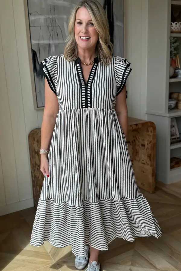 Comfort Fit Striped V Neck Ruffle Midi Dress