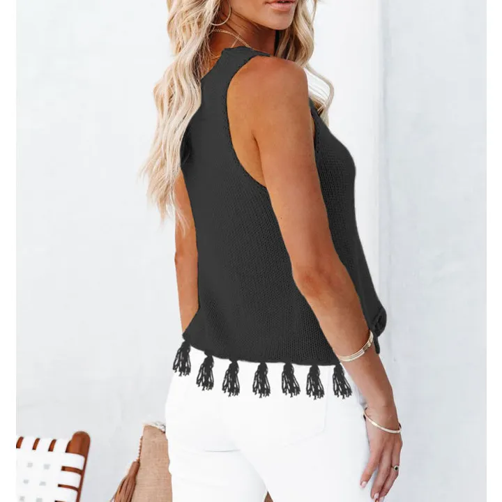 Cutout Tassel Round Neck Tank