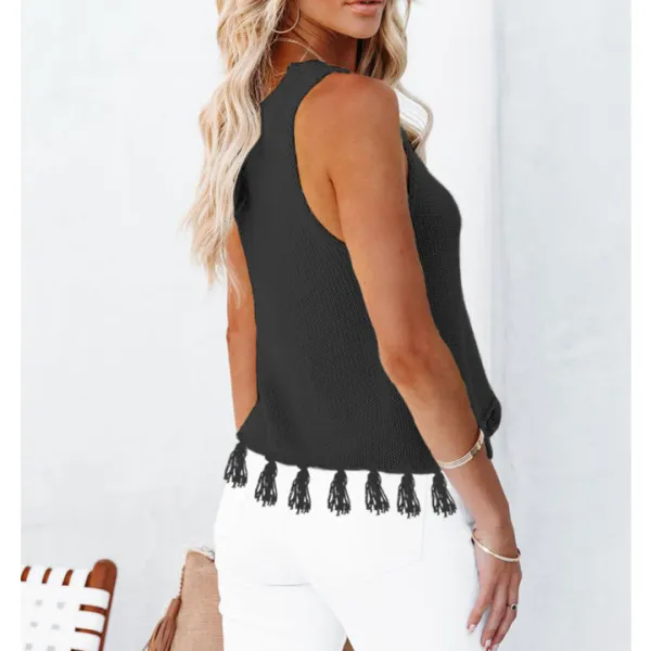Cutout Tassel Round Neck Tank