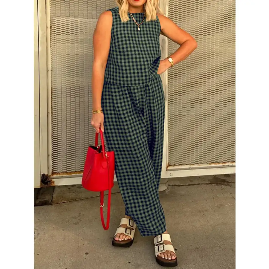 Lovelet Plaid Round Neck Sleeveless Top and Pants Set