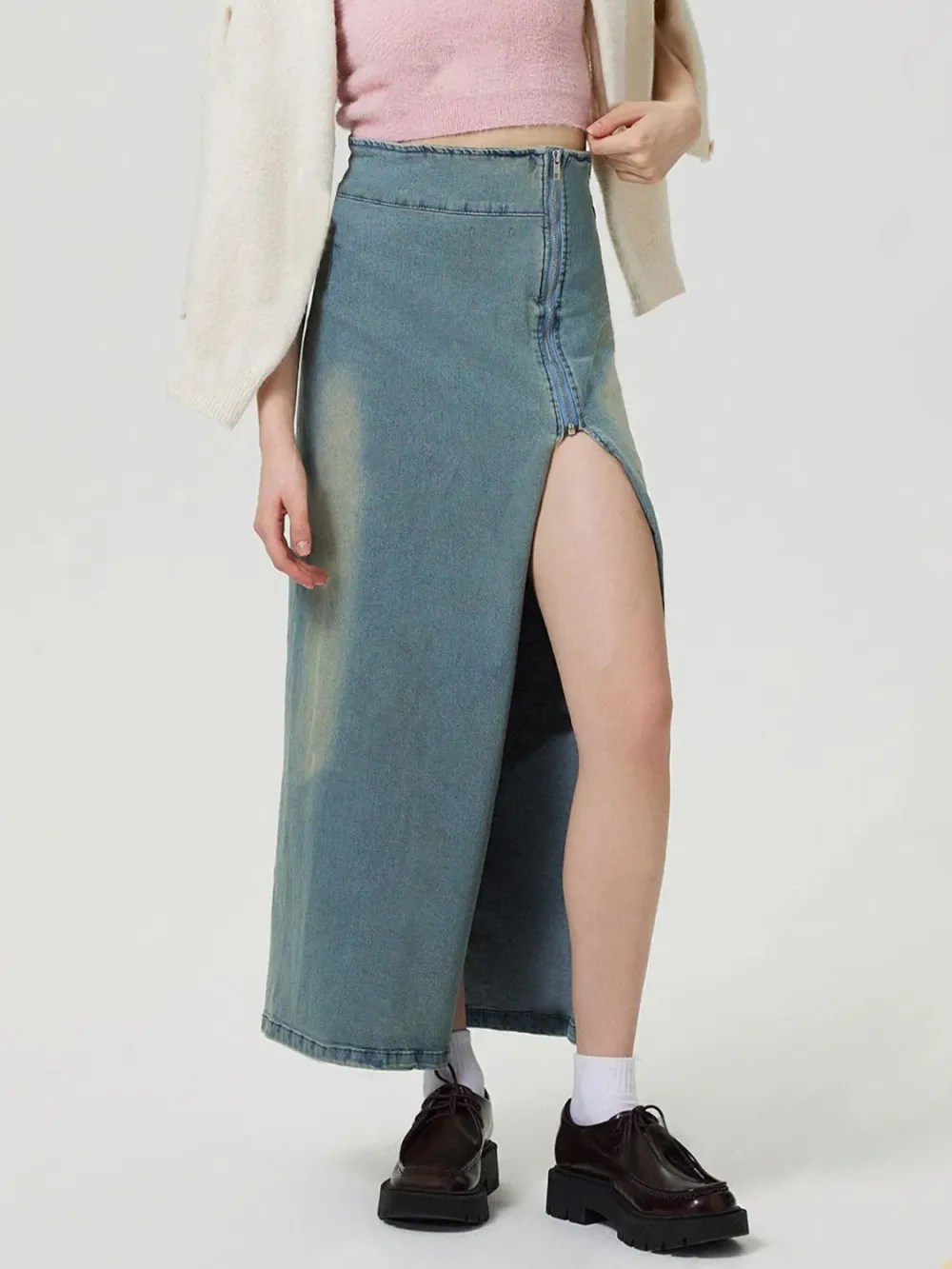 Loose Denim Cotton Blend Detail Skirt