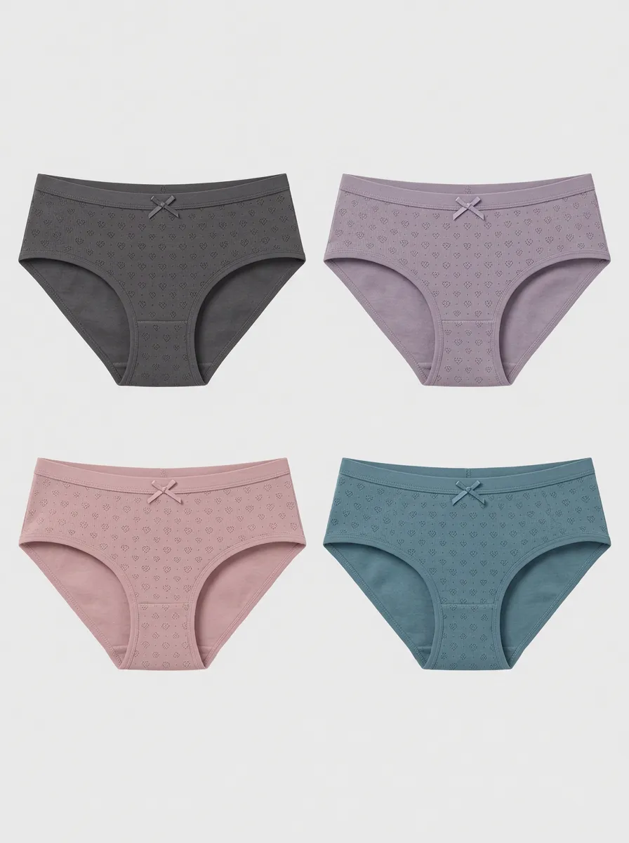 Women's Heart Pattern Textured Bow Printed Panties 4-Pack