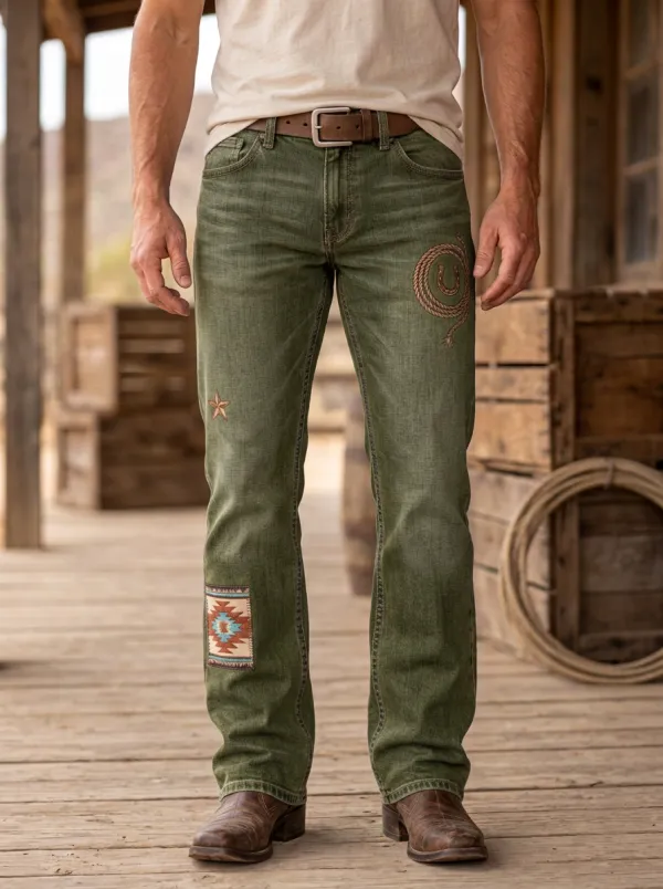 Men's Western Cowboy Lasso Star Aztec Printed Jeans