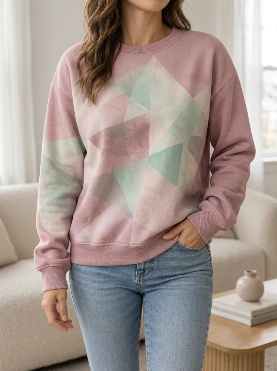 Women's Geometric Pattern Pink Green Printed Fleece Sweatshirt