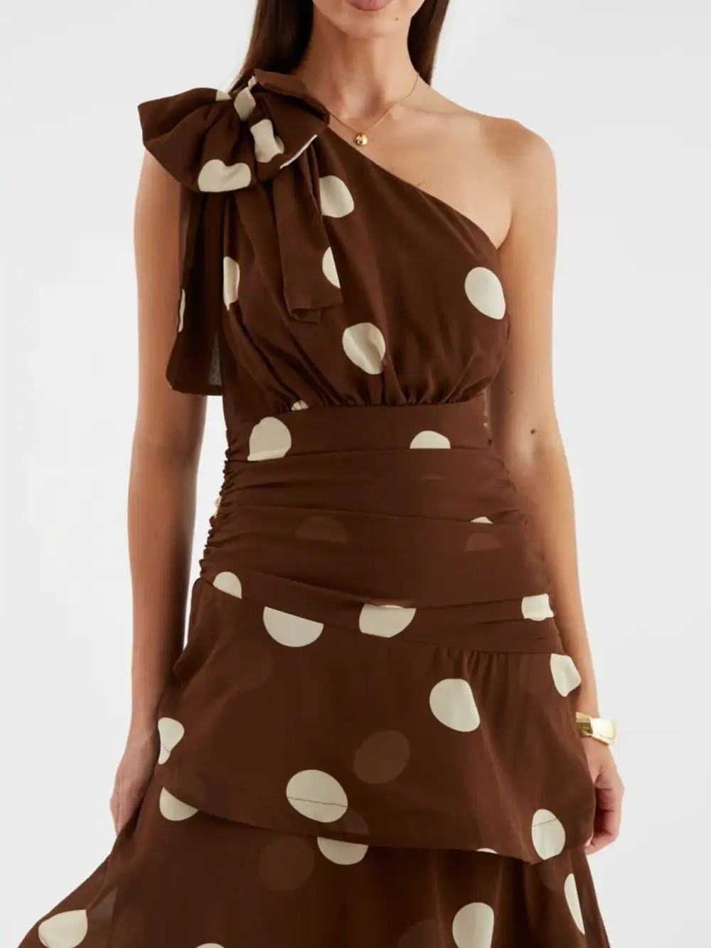 Tiered One-Shoulder Polka-Dot Casual Dress