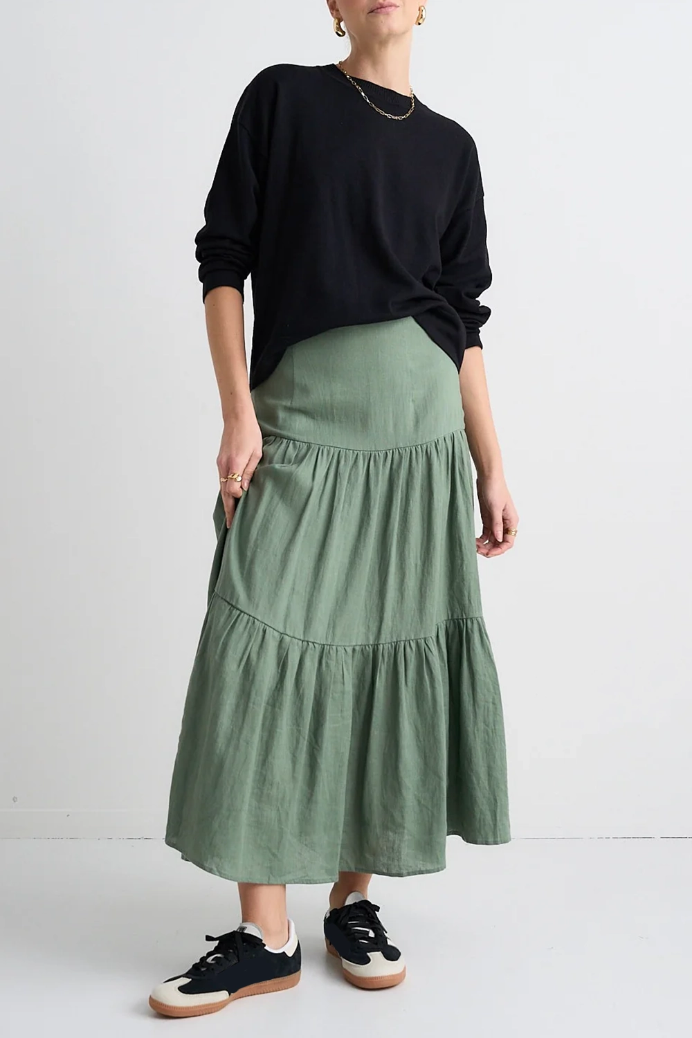 Light Green Tiered Midi Skirt