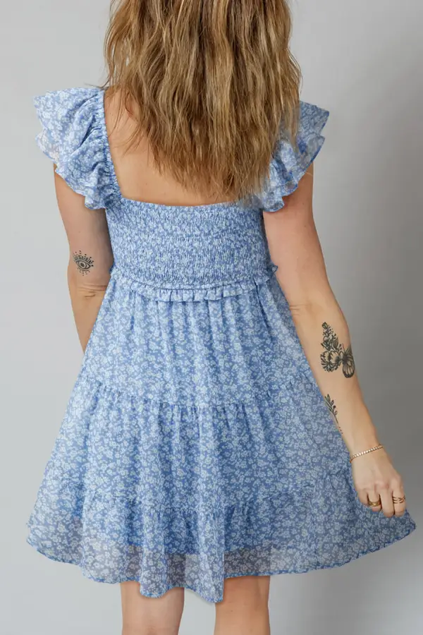 Layered Detail Floral Printed Square Neck Mini Dress